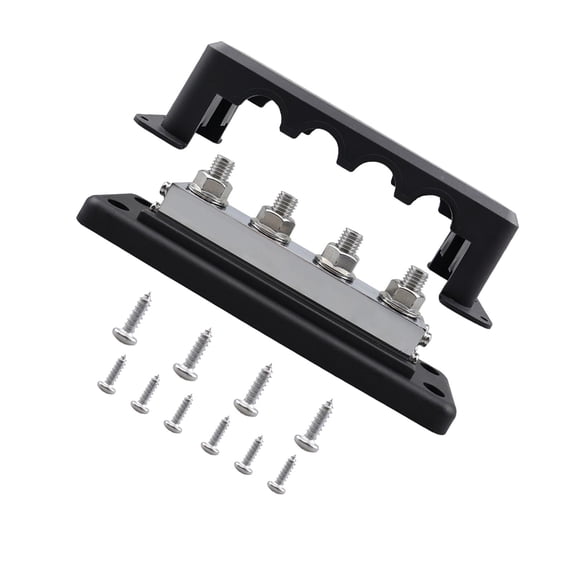 Power Distribution Block, Junction Block, 600 Amp Rating with Cover, 4x 3/8" Terminal Block Busbar for Truck RV Boat Marine Black