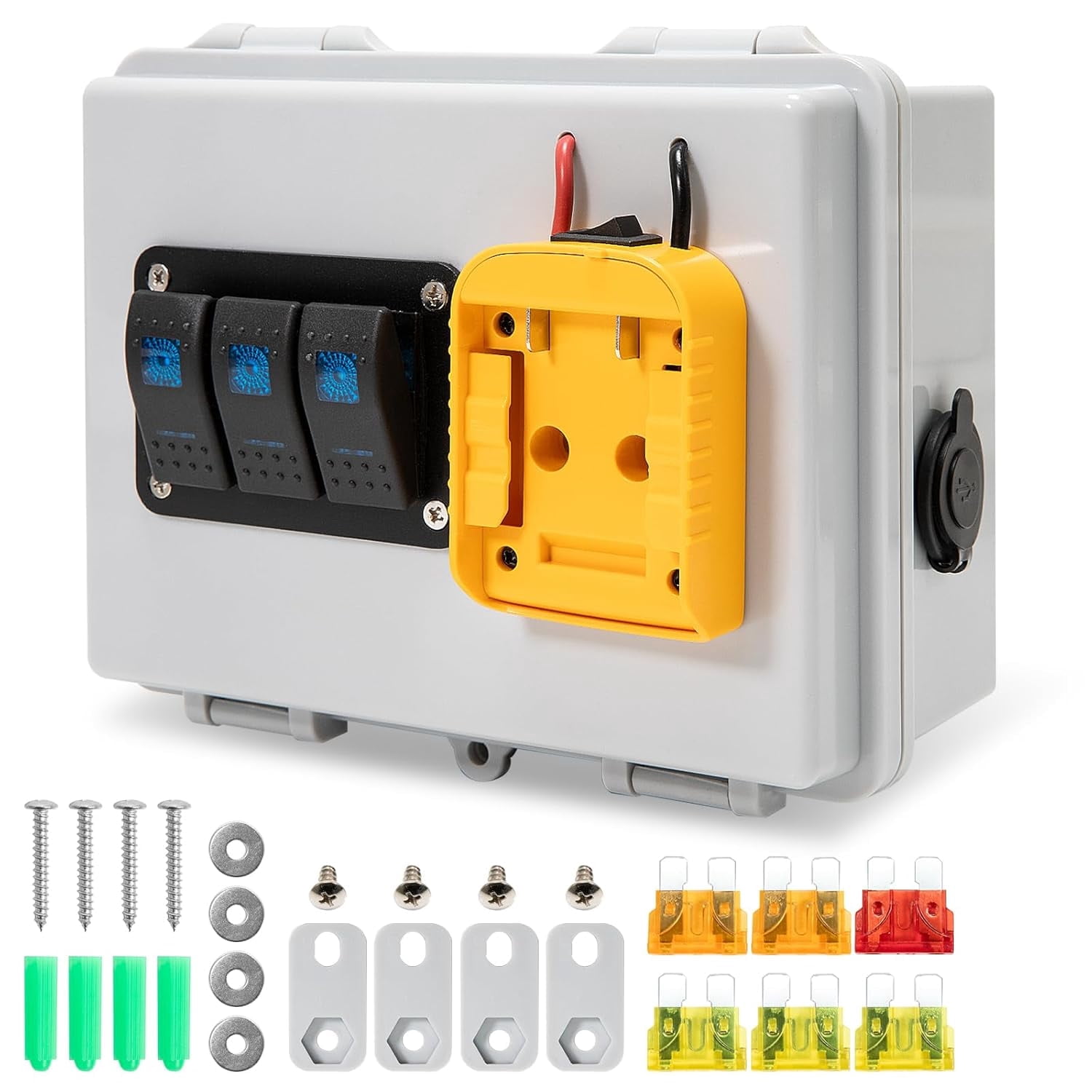 Power Distribution Box with Battery Adapter Fit for De.walt 20V Battery,with Pre-Installed Lines/Dual USB Charger/Low Voltage Protection