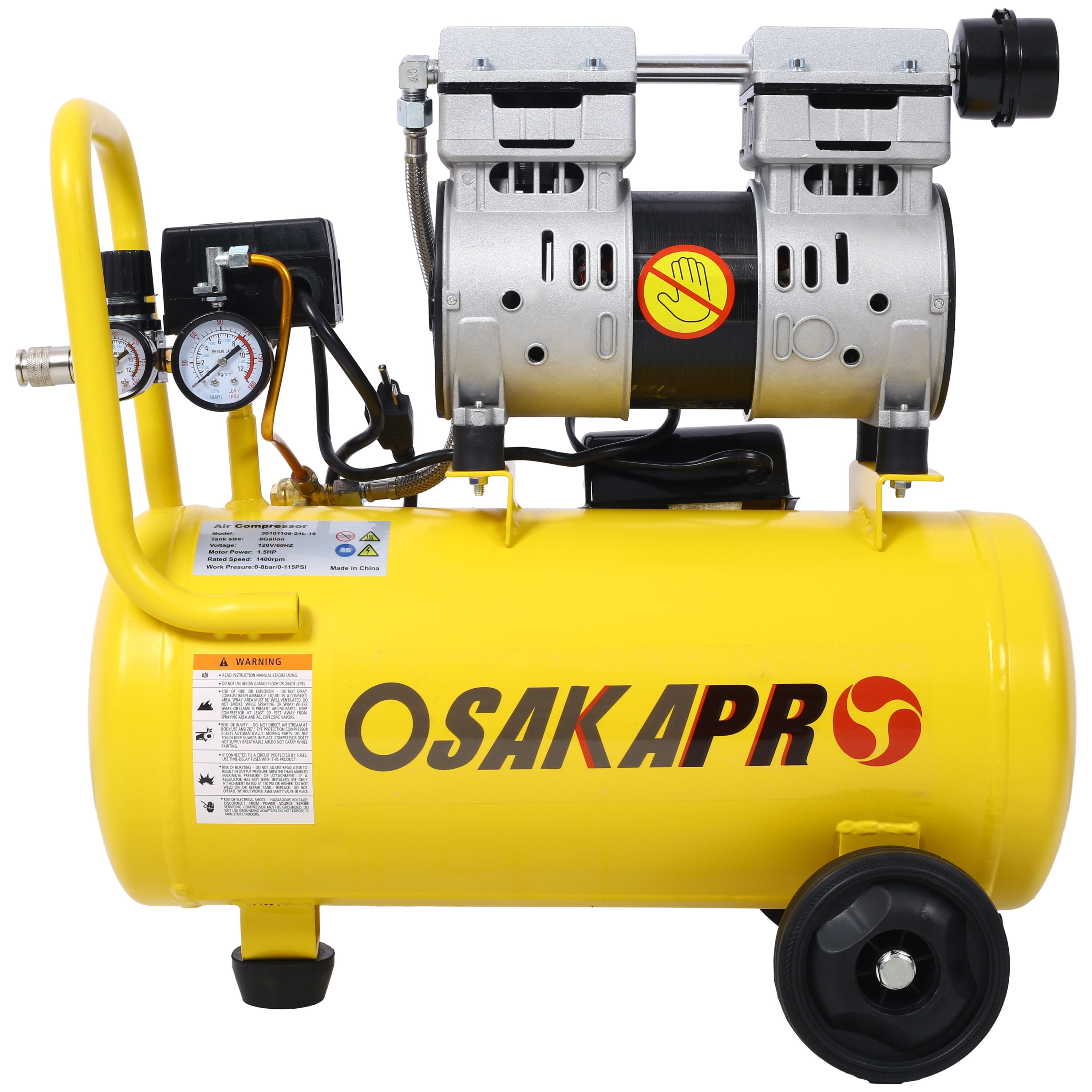 Power Drill, 1.5HP Silent Oil-Free Air Compressor 8 Gallon, Oil-Free, Electric Shop Air Compressor Portable,Lightweight with Wheels, 70 dBA Noise Level, with Automatic Drain Valve,Yellow