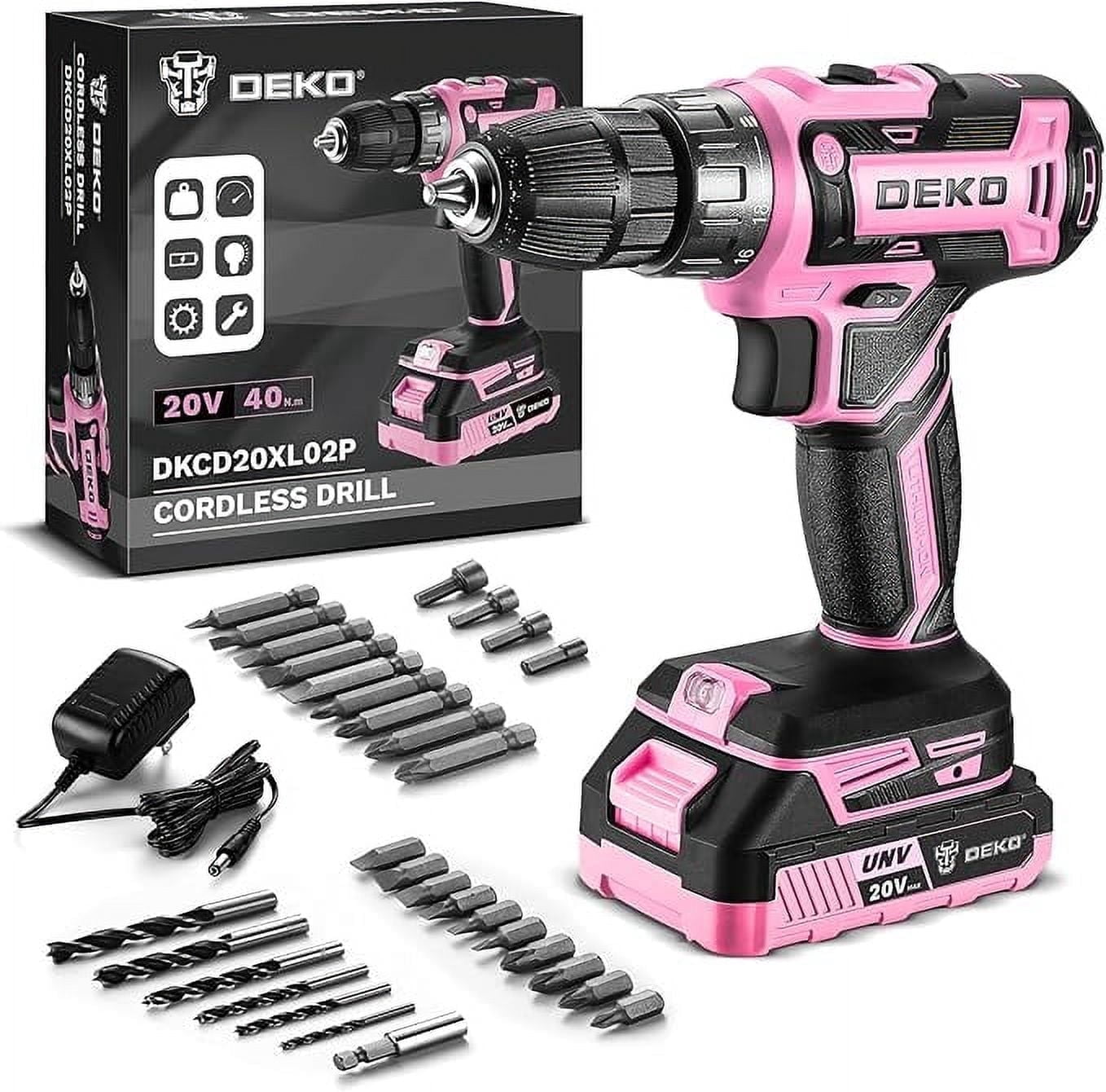 Power Drill Cordless: DEKO PRO Pink Cordless Drill 20V Electric Power Drill Set Tool for Women Drills Cordless with Battery and Charger Drill Driver 20 Volt Drill Driver Kit