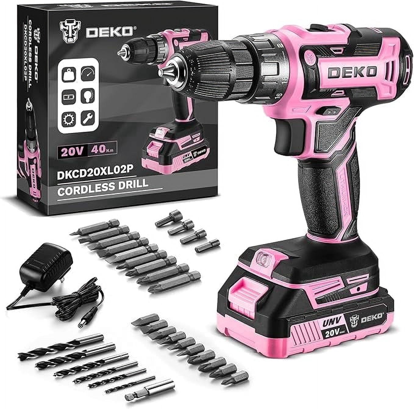 Power Drill Cordless: DEKO PRO Pink Cordless Drill 20V Electric Power Drill Set Tool for Women Drills Cordless with Battery and Charger Drill Driver 20 Volt Drill Driver Kit