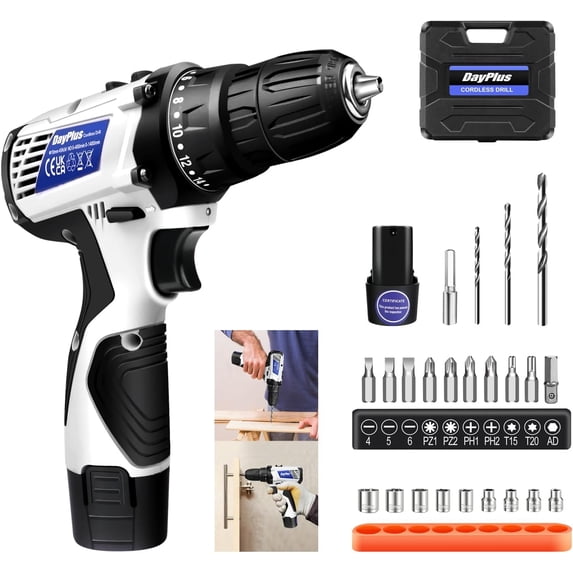 Power Drill, Cordless Drill Set, 18+1 Torque Setting Impact Drill Set Cordless 1.3Ah Li-Ion Battery & Charger, 2 Variable Speed, 45Nm Max Torque, Electric Drill for Tighten Loosen Screws
