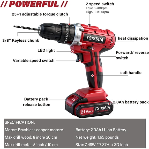 Power Drill Driver 21V Cordless Drill Set with 2 Batteries & Charger, 45Nm 25+1 Torque Electric Screwdriver, Battery Drills Kit with 24pcs Drill Bits & Socket Wrench, Drills Set for Women, Men,