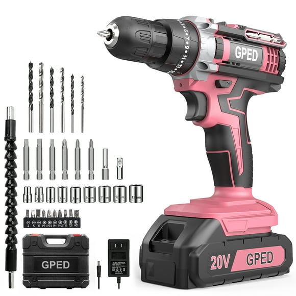 Power Drill Driver Kit, Cordless Power Drill Set with 1 Lithium-Ion & Charger, 3/8"Keyless Chuck, 2-Speed Transmission, 25+1 Position Electric Drill, Built-In Led And 34pcs Drill/Driver Bits, Pink