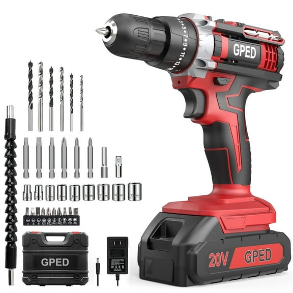 GPED Power Drill Driver Kit, Cordless Power Drill Set with 1 Lithium-Ion & Charger, 3/8"Keyless Chuck, 2-Speed Transmission, 25+1 Position Electric Drill, Built-In Led And 34pcs Driver Bits, Red