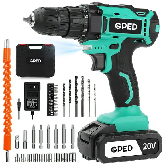 GPED Power Drill Driver Kit, Cordless Power Drill Set with 1 Lithium-Ion & Charger, 3/8"Keyless Chuck, 2-Speed Transmission, 25+1 Position Electric Drill, Built-In Led And 34pcs Driver Bits, Green