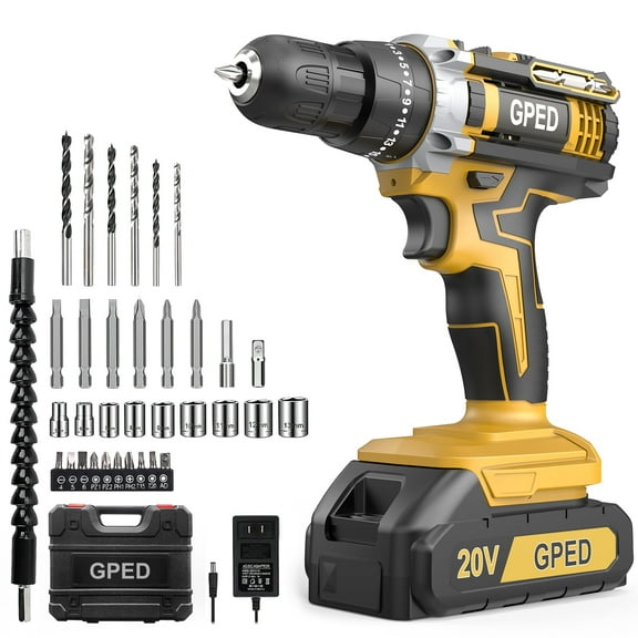 GPED Power Drill Driver Kit, Cordless Power Drill Set with 1 Lithium-Ion & Charger, 3/8"Keyless Chuck, 2-Speed Transmission, 25 1 Position Electric Drill, Built-In Led And 34pcs Driver Bits, Yellow