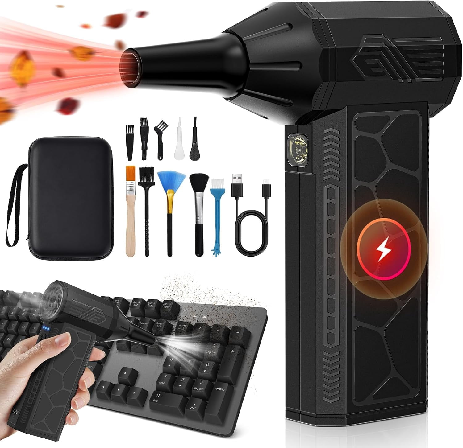 Power Electric Compressed Air Duster - 4 Gear Adjustable 130000RPM Electric Air Duster with LED Light - Rechargeable Cordless for Computer, Keyboard, Outdoor, House and Car