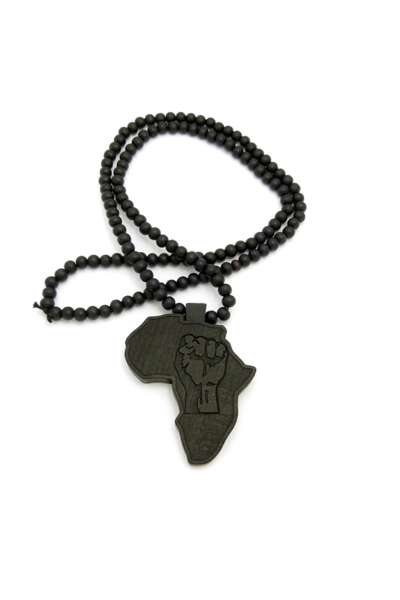 Power Fist Engraved Wood Africa Continent Pendant w/ 8mm 36" Wooden Bead Chain Necklace, Black
