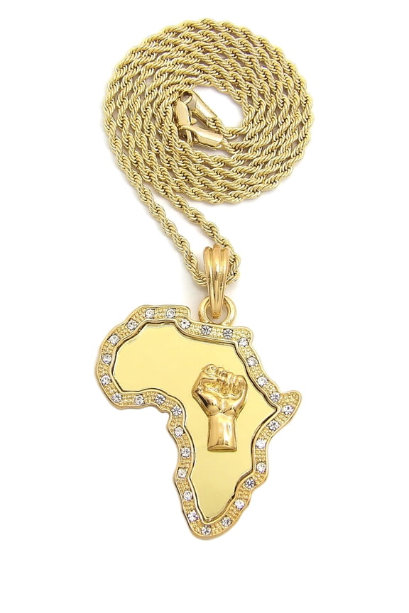 Power Fist on Stone Stud Edge Africa Mirror Pendant with 2mm 24" Rope Chain Necklace in Gold-Tone