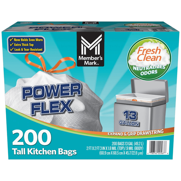 Power Flex 13 Gallon Tall Kitchen Drawstring Trash Bags, Fresh Scent, 200 Count