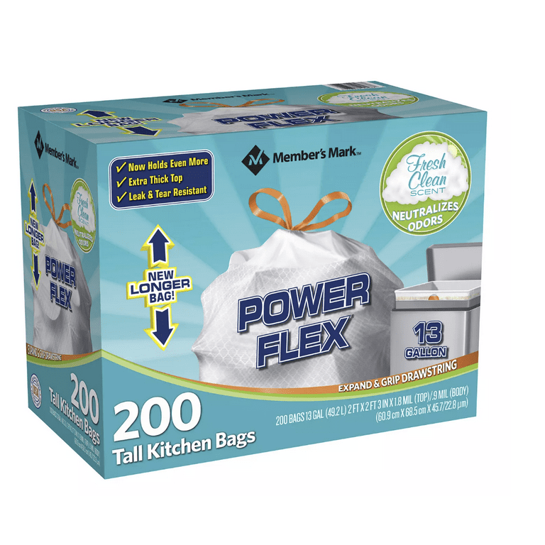 Member's Mark Power Flex Tall Kitchen Drawstring Trash Bags Unscented (13  gal., 200 ct.)