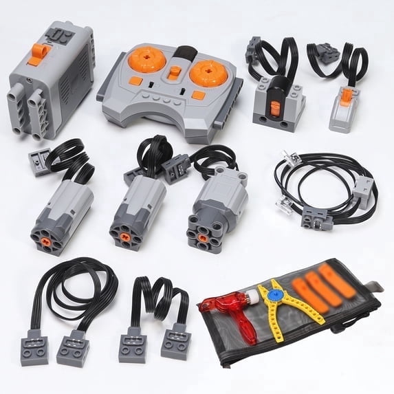 16PCS Power Functions Motor Kit Compatible with LEGO Remote Control, Battery Box, M/L Motors, LED Lights, Extension Cables & Tool Set