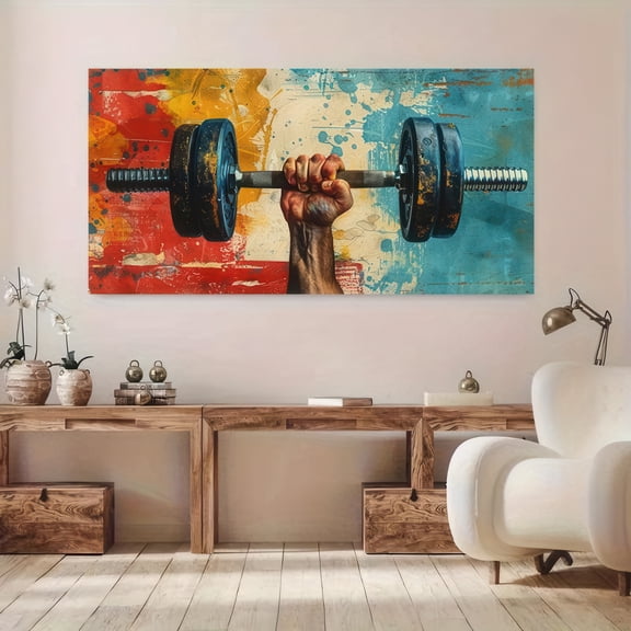 Power Grip Dumbbell Lift Abstract Art Framed Canvas Wall Art 48x24 Inch Motivational Fitness Print for Gym Home Office Living Room Decor
