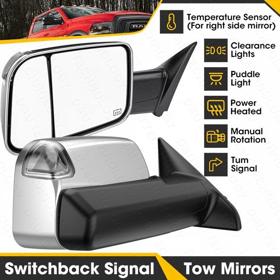 Power Heated Tow Mirrors Extendable with Switchback Signal Temp Sensor for 2009-2018 Dodge Ram 1500 2010-2018 2500 3500 Direct Replacement Chrome Towing Mirror Assembly