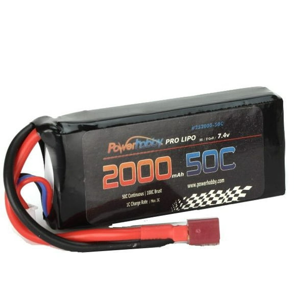 Power Hobby 2000Mah 7.4V 50C 2S Lipo Battery W/ Hardwired T-Plug