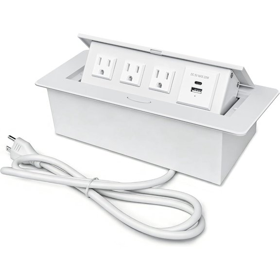 Power Hub for Conference Table PD20W USB-C Pop Up Power Strip with 3AC Outlets Connection Box for Conference Room Kitchen Countertop, White