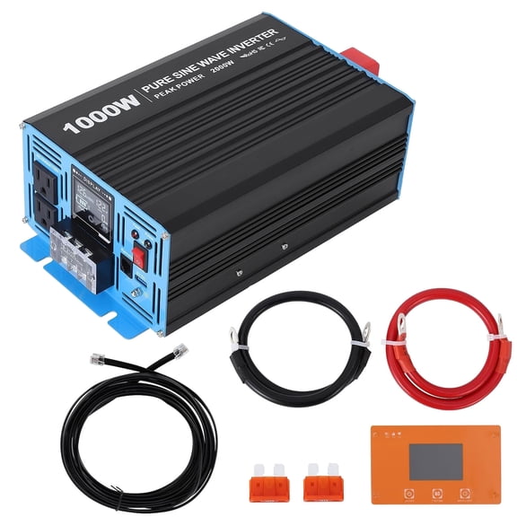 Power Inverter 1000 Watt Pure Sine Wave 12v DC to 110v/120v AC 2000w Peak Converter for Family RV Off Grid Solar System with 2 AC Outlets LCD Display Remote Control and 2.1a USB Charging Port
