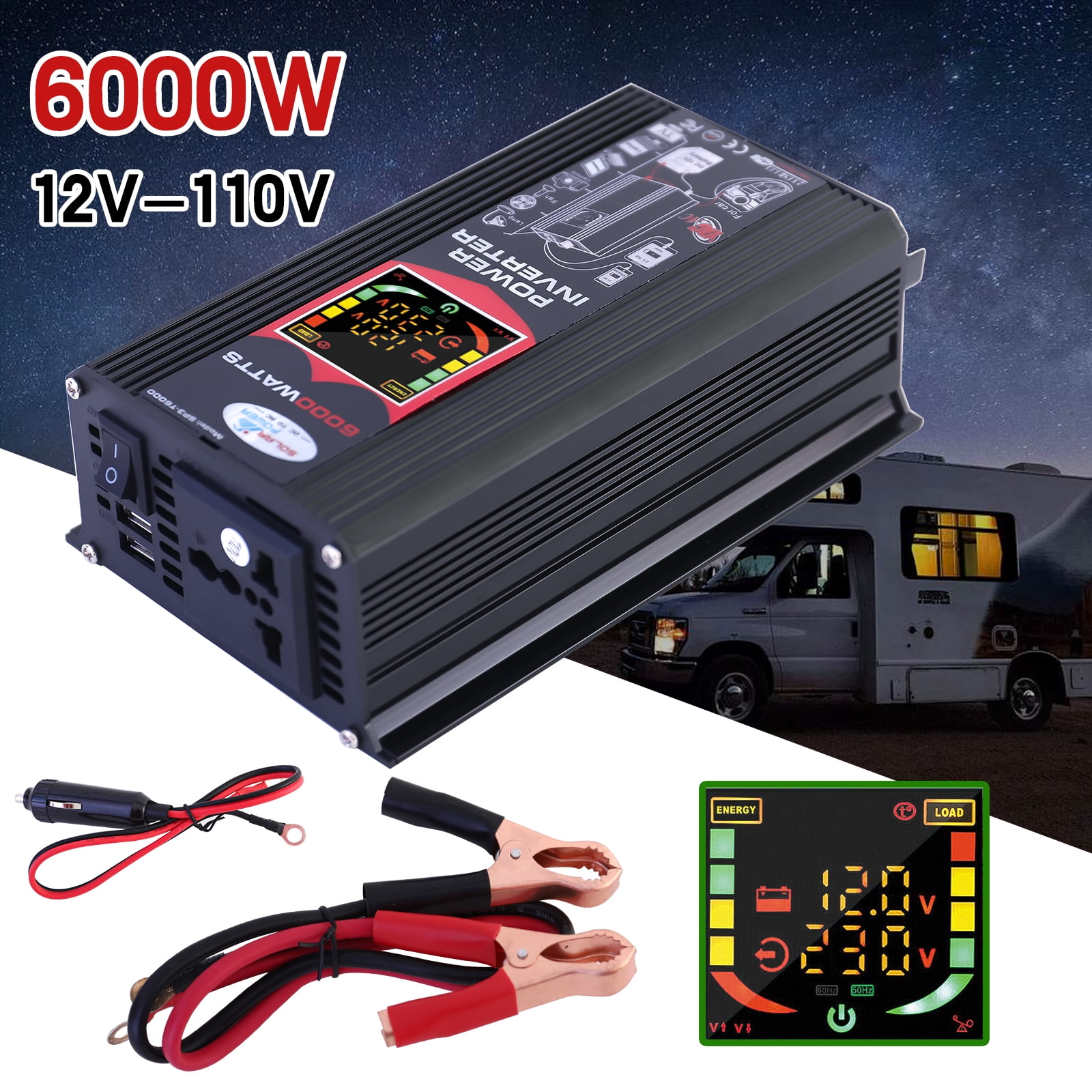 Power Inverter, 6000W Inverter DC12V To 110V AC Car Power Inverter With 2 USB Port, LCD Screen Display,Truck/ Boat/RV/Car Solar System Inverter, Used FOR Camping/Road Trips/Outdoor Work