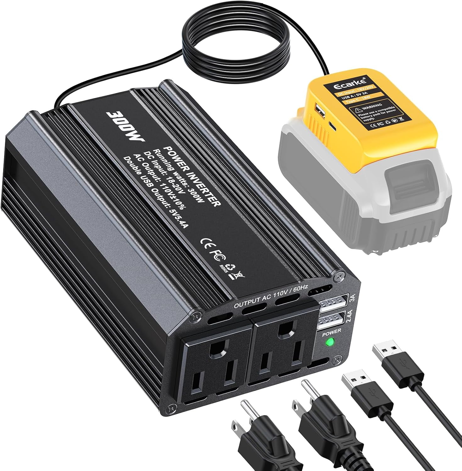 Power Inverter Compatible with De*walt 20V Battery,300W Portable Outdoor Battery Converter with 3USB 1Type C&2AC Outlets, Converting DC 18V/20V to AC 110V-120V, for Camping, RV, and Emergency Power