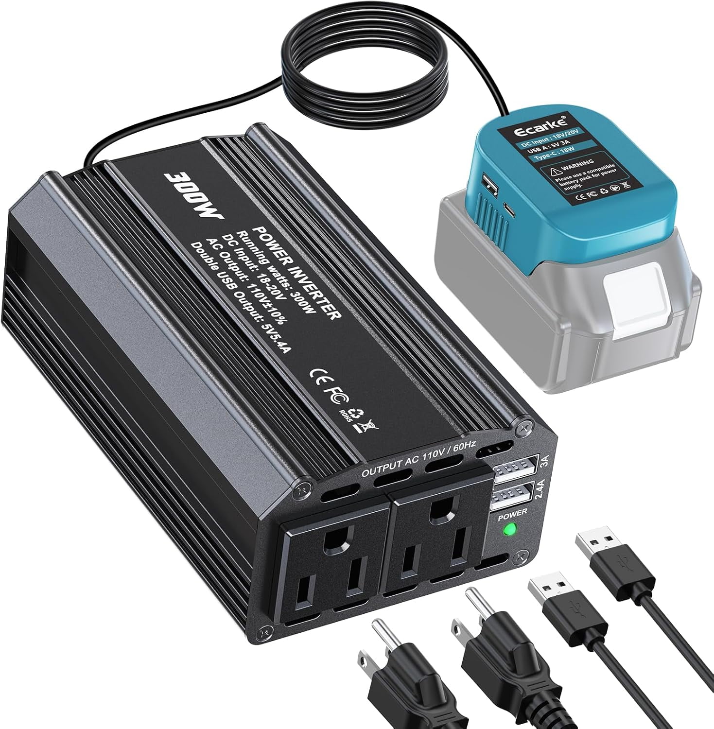 Power Inverter Compatible with Ma*kita 18V Battery,300W Portable Outdoor Battery Converter with 3USB 1Type C&2AC Outlets, Converting DC 18V/20V to AC 110V-120V, for Camping, RV, and Emergency Power
