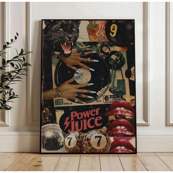 Power Juice Retro Dj Turntable Print Leopard 7 Ball Collage Art