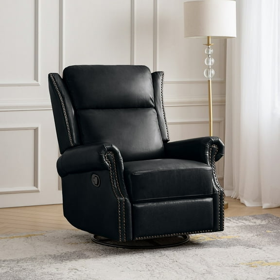 Power Genuine Leather Recliner Chair with Nailhead Trim Swivel Rocking Power Lounge Apartment Black
