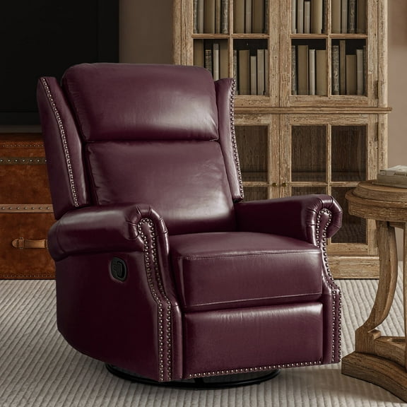 Power Genuine Leather Recliner Chair with Nailhead Trim Swivel Rocking Power Lounge Apartment Burgundy
