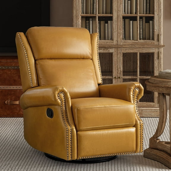 Power Genuine Leather Recliner Chair with Nailhead Trim Swivel Rocking Power Lounge Apartment Camel