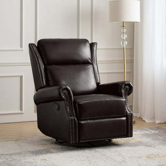Power Genuine Leather Recliner Chair with Nailhead Trim Swivel Rocking Power Lounge Apartment Espresso