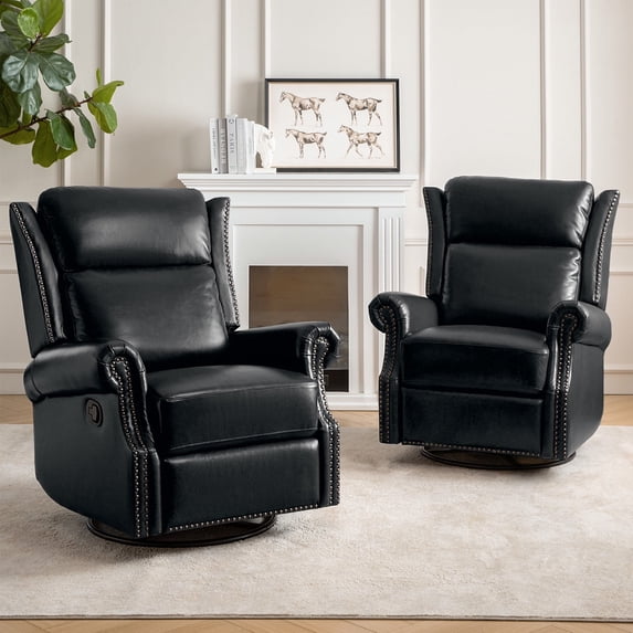 Power Genuine Leather Recliner Chairs Set of 2 Nailhead Trim Swivel Rocking Power Lounges Apartment Black