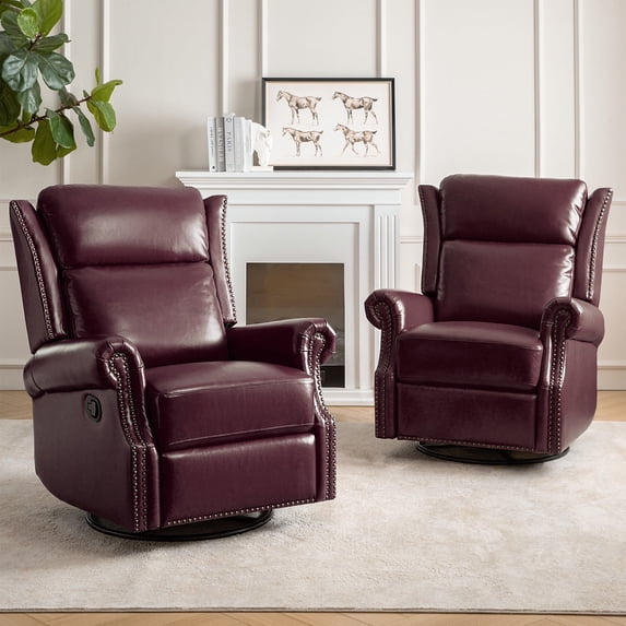 Power Genuine Leather Recliner Chairs Set of 2 Nailhead Trim Swivel Rocking Power Lounges Apartment Burgundy