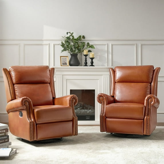 Power Genuine Leather Recliner Chairs Set of 2 Nailhead Trim Swivel Rocking Power Lounges Apartment Saddle