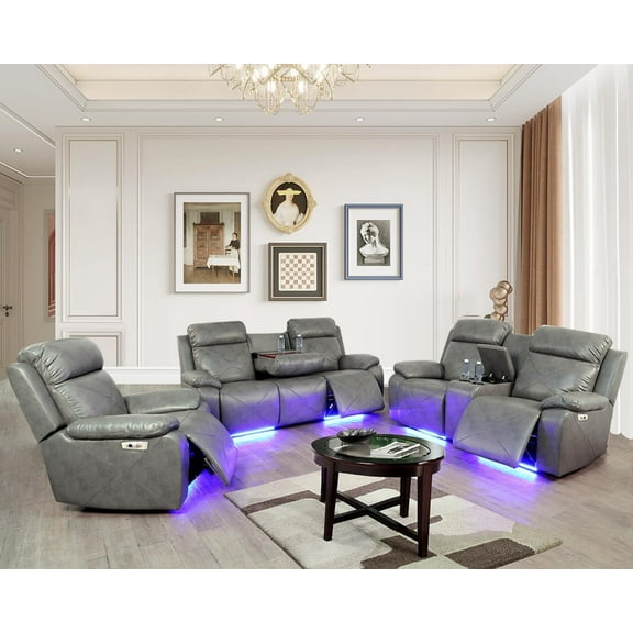 Power Leather Recliner Sofa Set with LED Lights,Leather Couch Set,Living Room Furniture Sets with USB Port/Storage Console/Cup Holders(Grey Leather Sofa Set/3 Pieces Set)