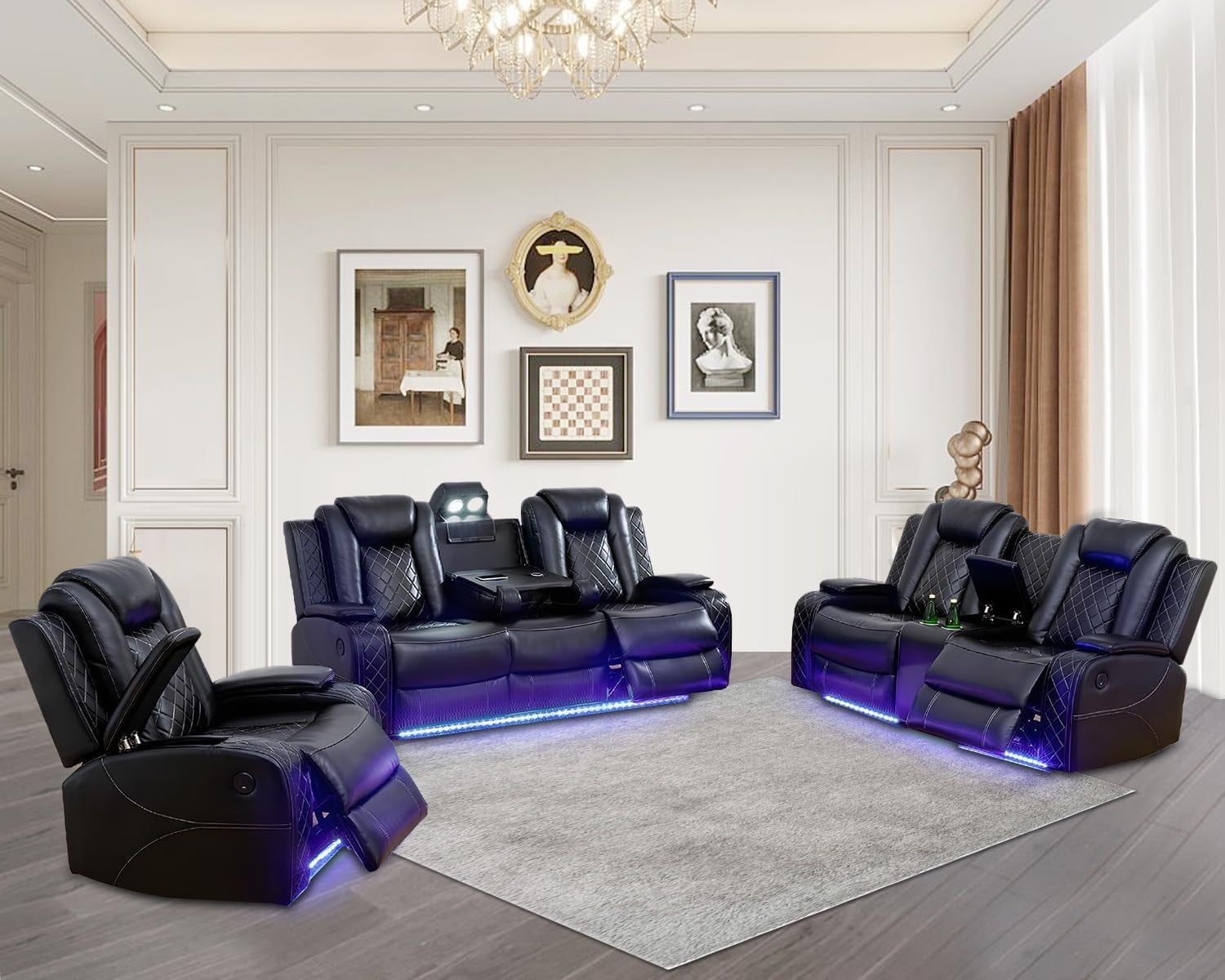 Power Leather Recliner Sofa Set with LED Lights Leather Couch Set Living Room Furniture Sets with USB Port Storage Console Cup Holders Leather Sofa