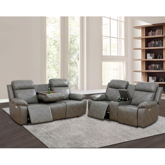 Power Leather Recliner Sofa Set with LED Lights,Leather Couch Set,Living Room Furniture Sets with USB Port/Storage Console/Cup Holders(Reclining Sofa & Loveseat/2 Pieces Set) Grey