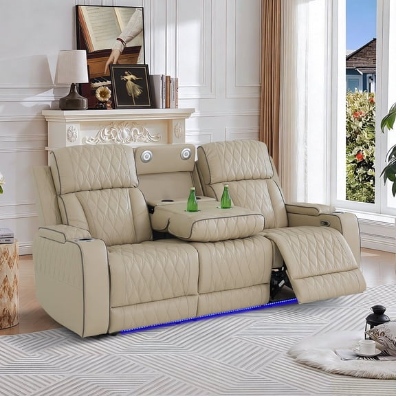 Power Leather Reclining Sofa,Recliner Sofa Sectional Couches for Living Room with Storage Console/USB Port,Reading Chair Comfort with LED Lights (Sofa)