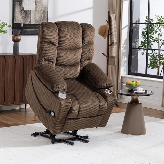 REHOUSING Adult Velvet Recliner with Heat and Vibration Massage and Electric Lift with Cup Holders, Brown