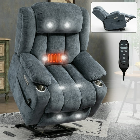Power Lift Chair Recliner Sofa for Elderly,Heavy Duty Motion Mechanism with 8-Point Vibration Massage and Lumbar Heating, USB and Type-C Ports, Stainless Steel Cup Holders,Up to 350 LBS Chenille,Blue