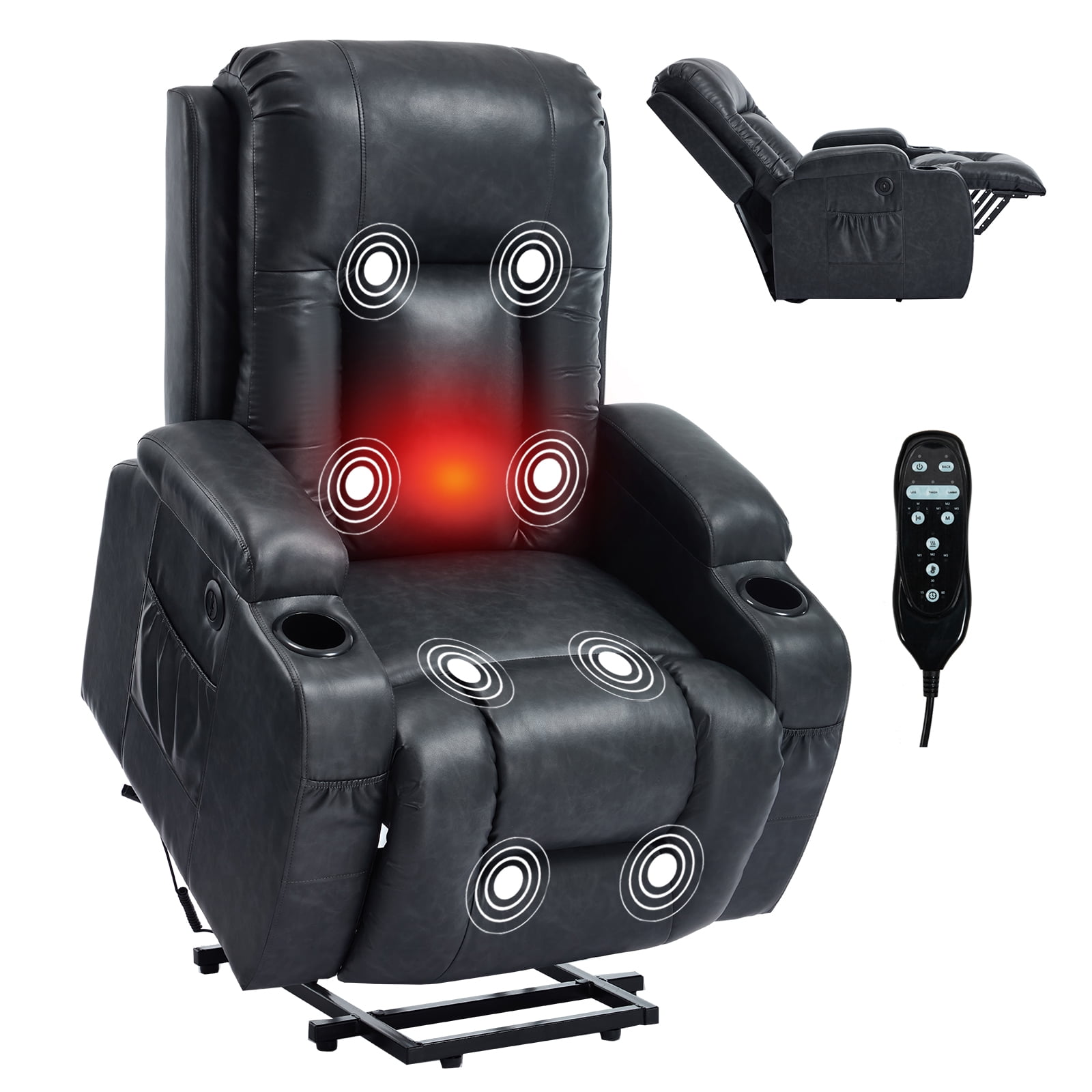 Power Lift Recliner Chair, 350LB Capacity with Massage and Heat, USB Charging, Cup Holders, Elderly Chair, Gift for Mom Dad, Dark Grey