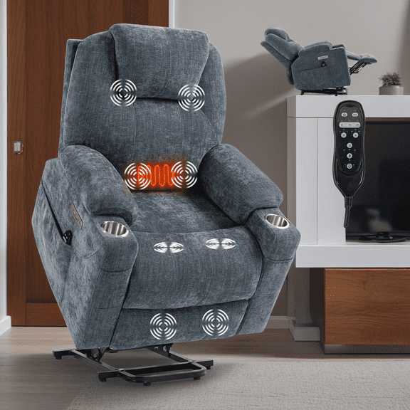 Power Lift Recliner Chair, 350LB Capacity with Massage and Heat, USB Charging, Cup Holders, Elderly Chair for Living Room, Blue Chenille