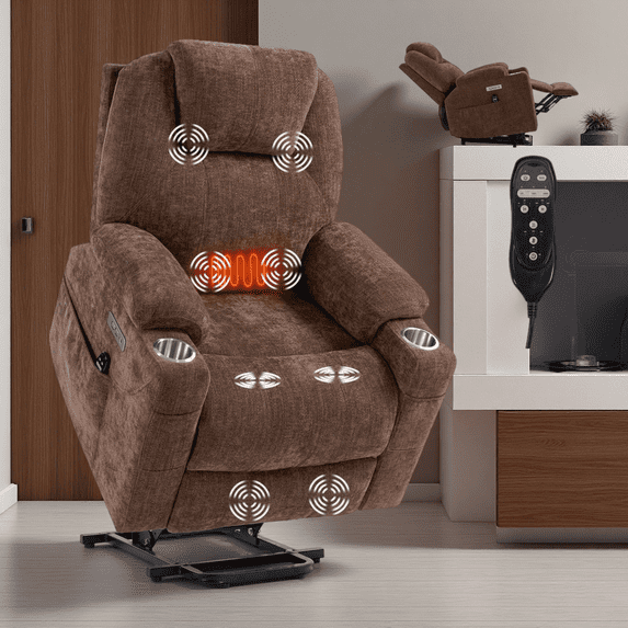 Power Lift Recliner Chair, 350LB Capacity with Massage and Heat, USB Charging, Cup Holders, Elderly Chair for Living Room, Brown Chenille