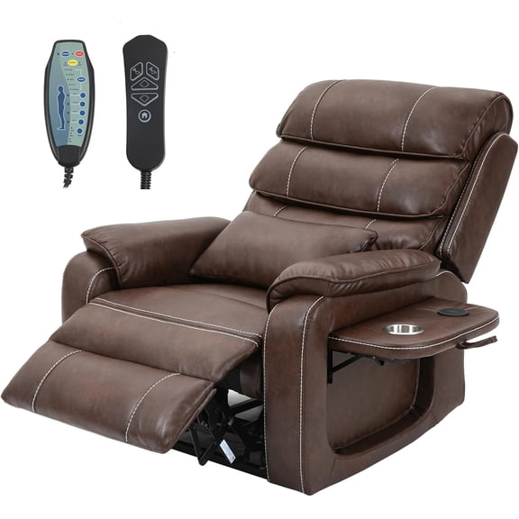 Power Lift Recliner Chair for Adults Elderly Lay Flat Leather Recliners with Massage Heating, Extended Footrest, Wireless Charging Device, USB Ports, Cup Holder, Lumbar Pillow, Up to 400LBS