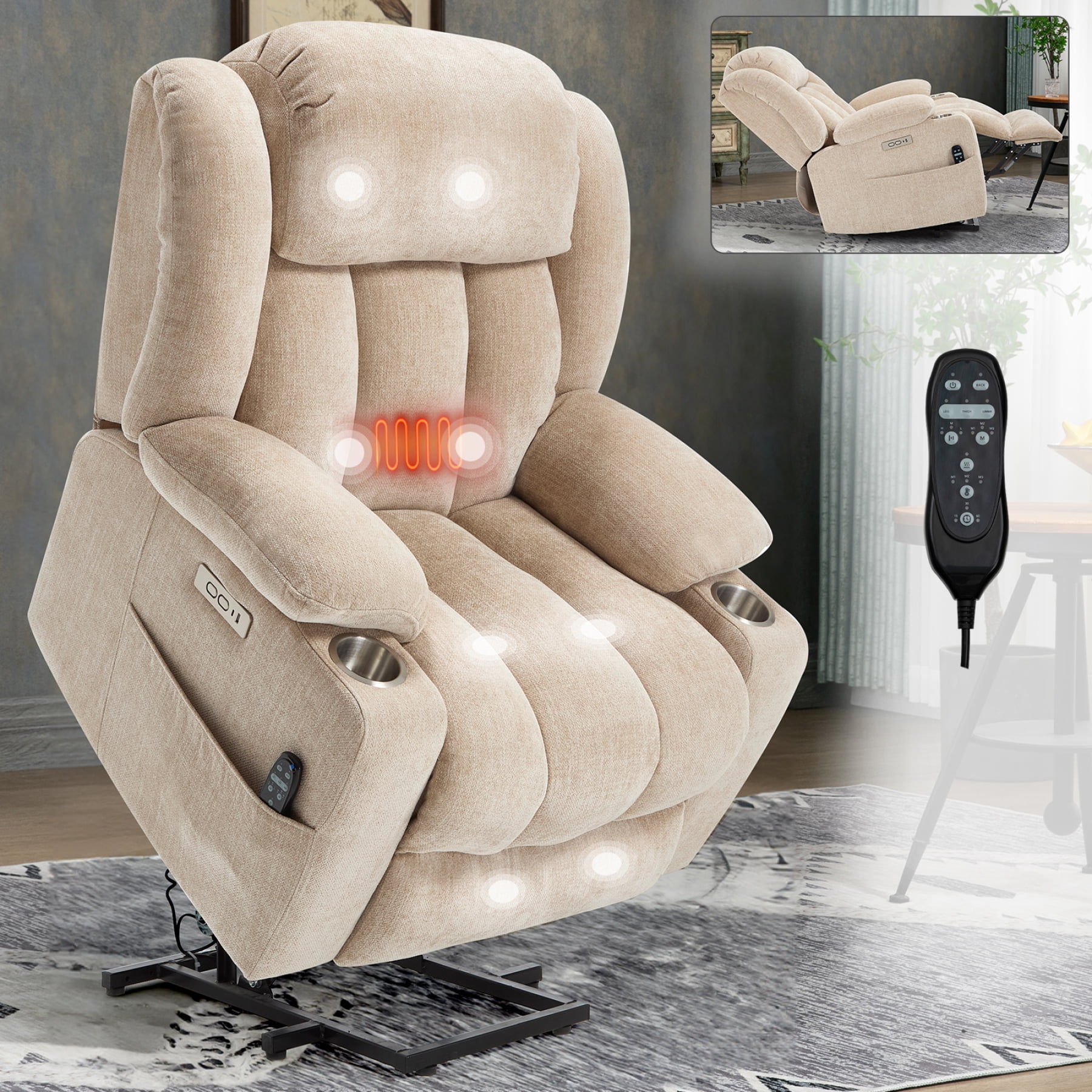 Power Lift Recliner Chair for Adults,Heavy Duty Recliner Chair with 8-Point Vibration Massage and Lumbar Heating,USB and Type-C Ports, Stainless Steel Cup Holders,Up to 350 LBS,Beige