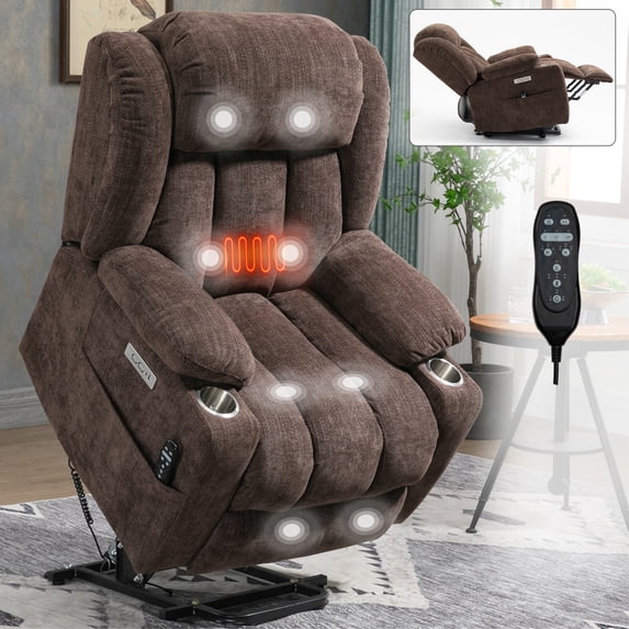 Power Lift Recliner Chair for Adults,Heavy Duty Recliner Chair with 8-Point Vibration Massage and Lumbar Heating,USB and Type-C Ports, Stainless Steel Cup Holders,Up to 350 LBS,Brown