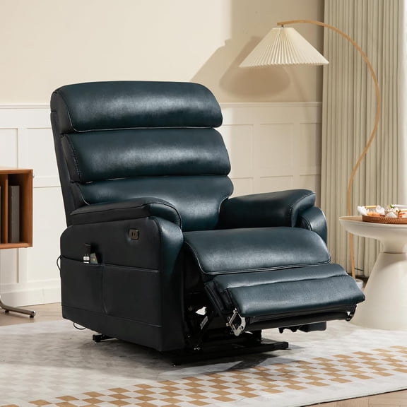 Power Lift Recliner Chair, Big Tall Man Lay Flat Ergonomic Lounge with Extended Footrest for Elderly People, Single Sofa Heat & Massage. Home Theater Seat, USB&Type-C Port (PU Leather, Blue)
