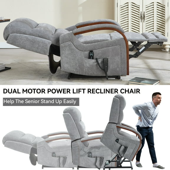 Power Lift Recliner Chair with Massage & Heat, Dual Motor Heavy Duty Recliner for Elderly, Grey Chenille Lift Chair with Solid Wood Armrests, 350 LBS Capacity