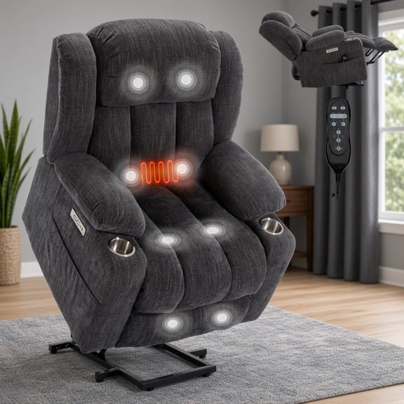 Power Lift Recliner Chair, Chenille Massage Recliner with Heat, USB & Cup Holders, Heavy Duty for Living Room, Grey