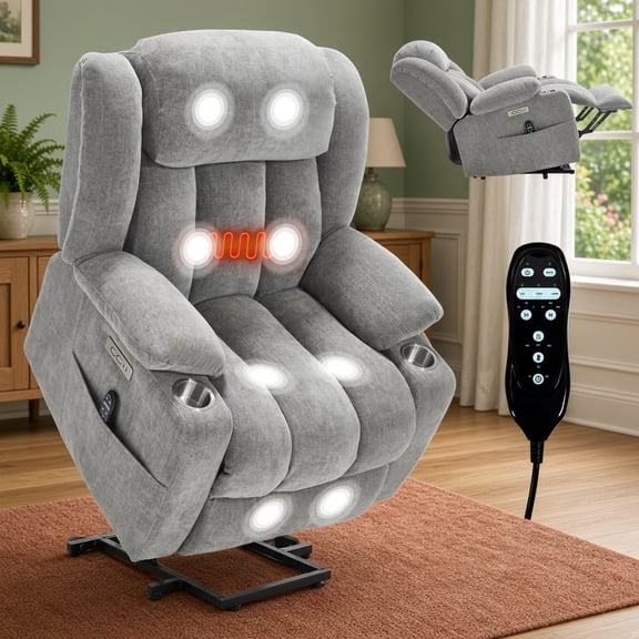 Power Lift Recliner Chair, Chenille Massage Recliner with Heat, USB & Cup Holders, Heavy Duty for Living Room, Light Grey