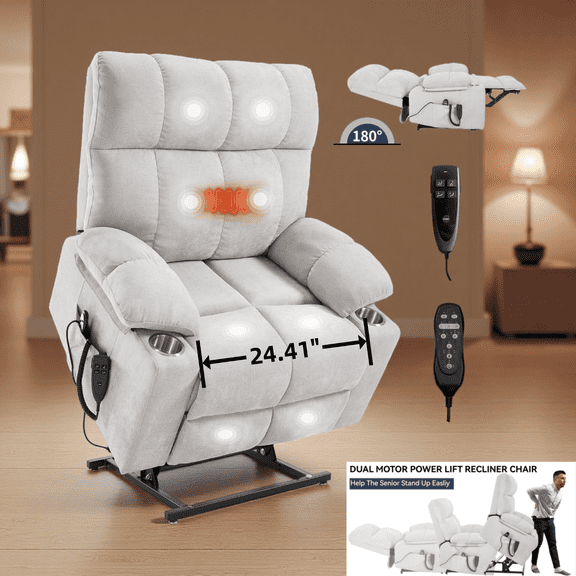 Power Lift Recliner Chair, Dual Motor Massage with Lumbar Heat & Infinite Positioning - 350LBS Heavy Duty for Elderly, Gifts for Parents, Dual Cup Holders, Oversized Chenille Fabric, Beige